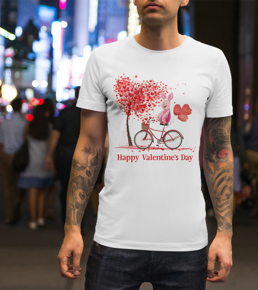 Happy Valentine's Day Piglet With Heart Balloons On Bicycle T-Shirt