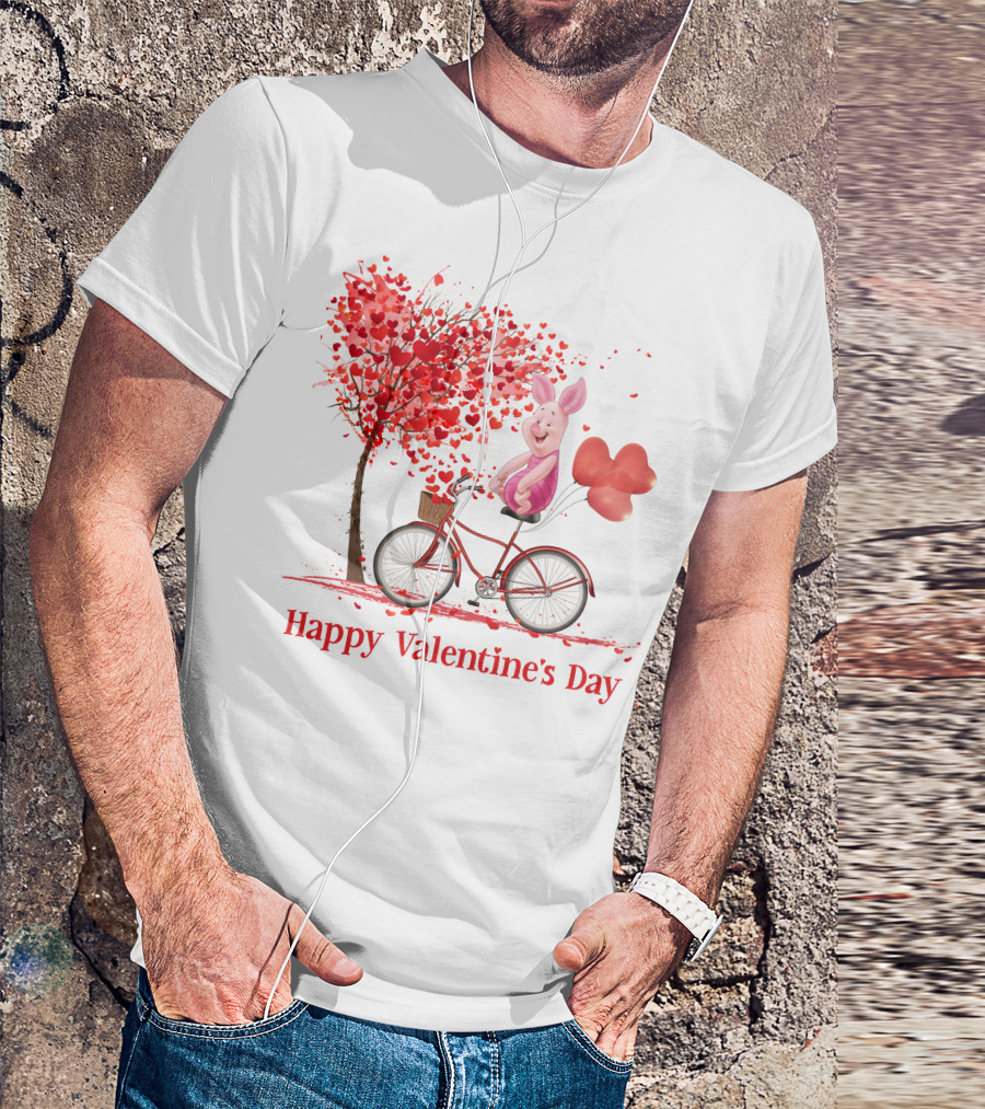 Happy Valentine's Day Piglet With Heart Balloons On Bicycle T-Shirt