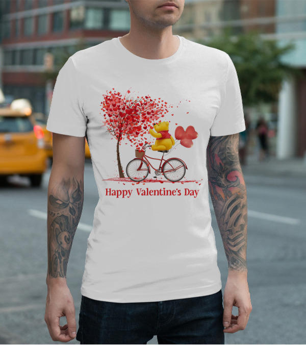 Happy Valentine's Day Bicycle Bear With Love Balloons And Heart Tree T-Shirt