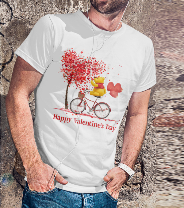 Happy Valentine's Day Bicycle Bear With Love Balloons And Heart Tree T-Shirt