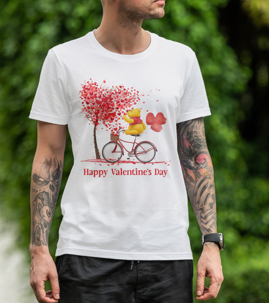 Happy Valentine's Day Bicycle Bear With Love Balloons And Heart Tree T-Shirt
