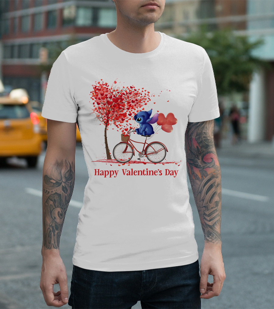 Happy Valentine's Day Stitch Bicycle Heart Balloons T-Shirt