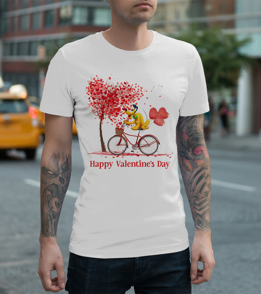 Disney Pluto Happy Valentine's Day Bicycle and Heart Tree T-Shirt
