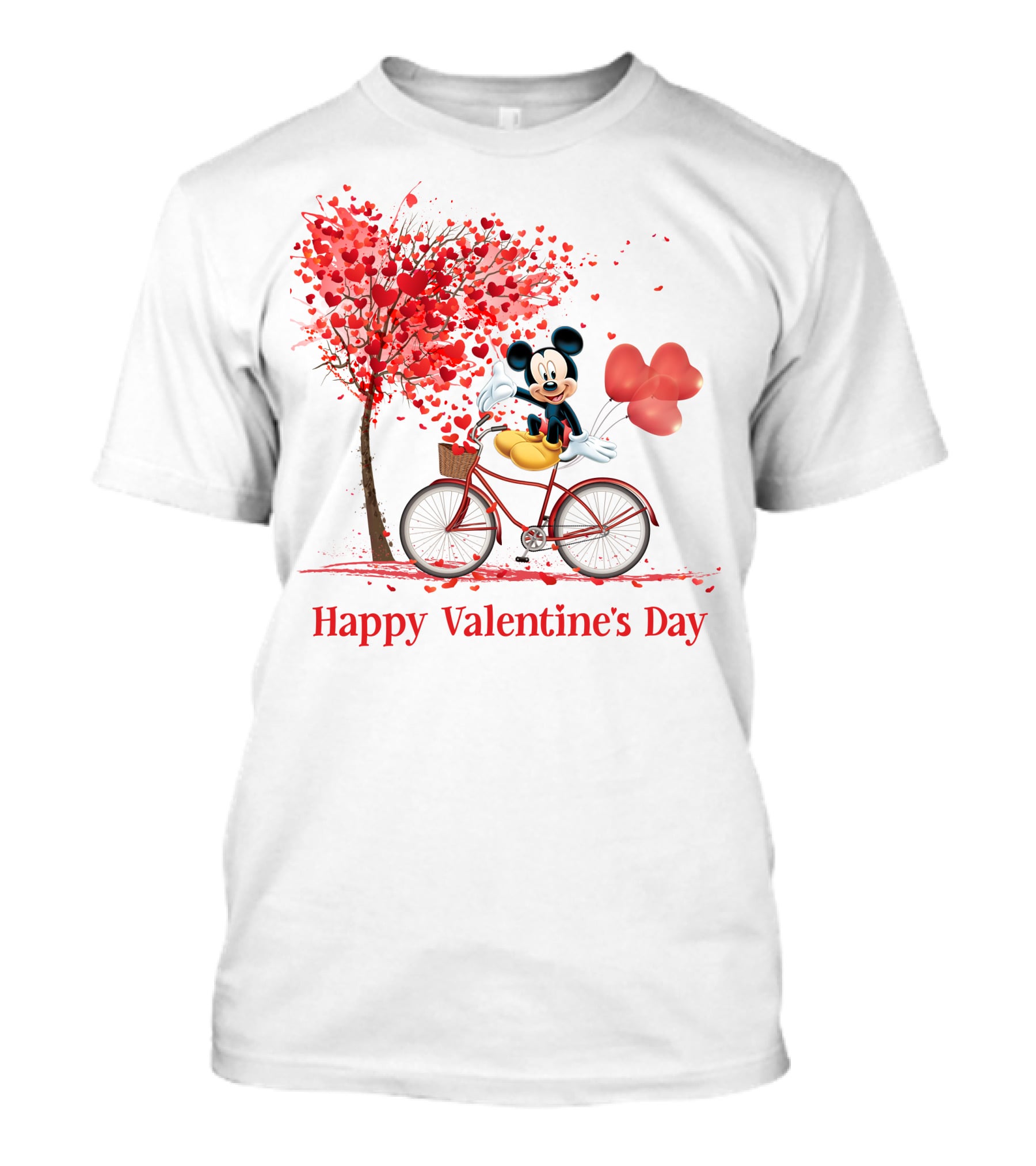 Happy Valentine's Day Mickey Mouse Hearts Bicycle Red Tree T-Shirt