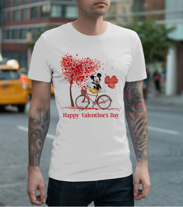 Happy Valentine's Day Mickey Mouse Hearts Bicycle Red Tree T-Shirt
