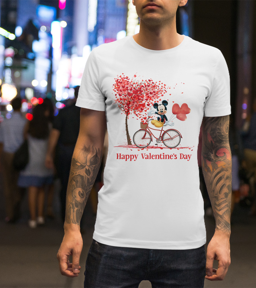 Happy Valentine's Day Mickey Mouse Hearts Bicycle Red Tree T-Shirt