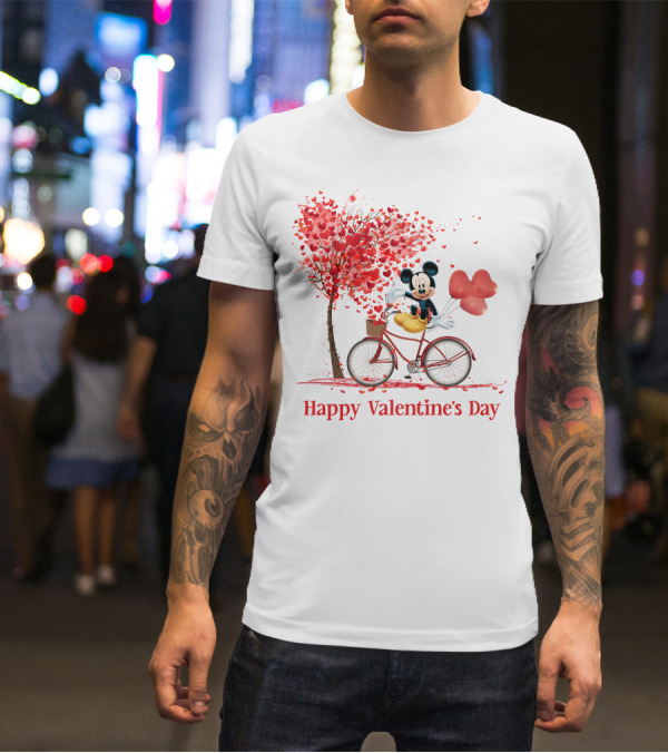Happy Valentine's Day Mickey Mouse Hearts Bicycle Red Tree T-Shirt