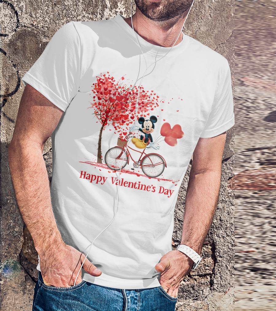 Happy Valentine's Day Mickey Mouse Hearts Bicycle Red Tree T-Shirt