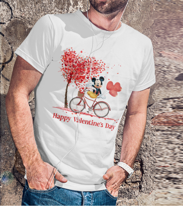 Happy Valentine's Day Mickey Mouse Hearts Bicycle Red Tree T-Shirt