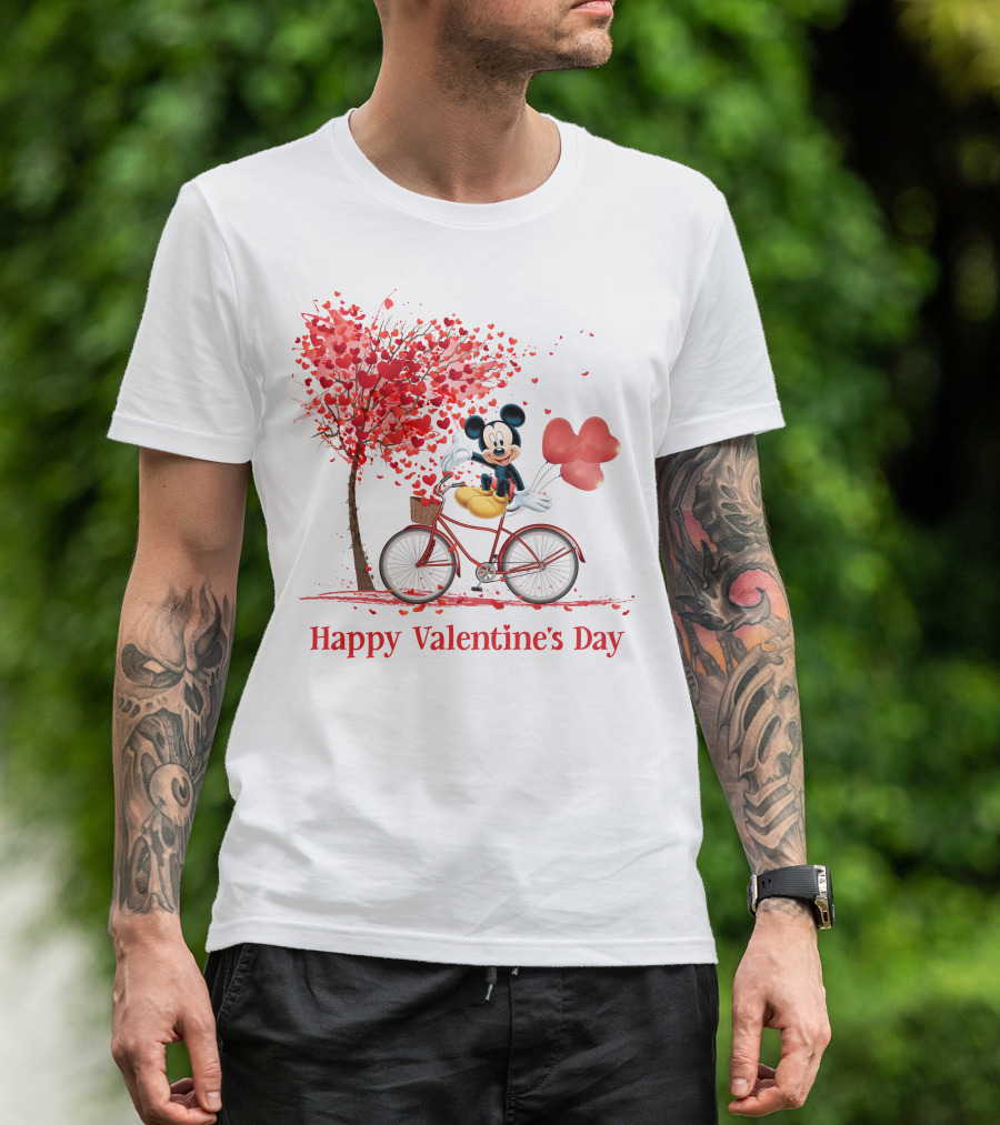 Happy Valentine's Day Mickey Mouse Hearts Bicycle Red Tree T-Shirt