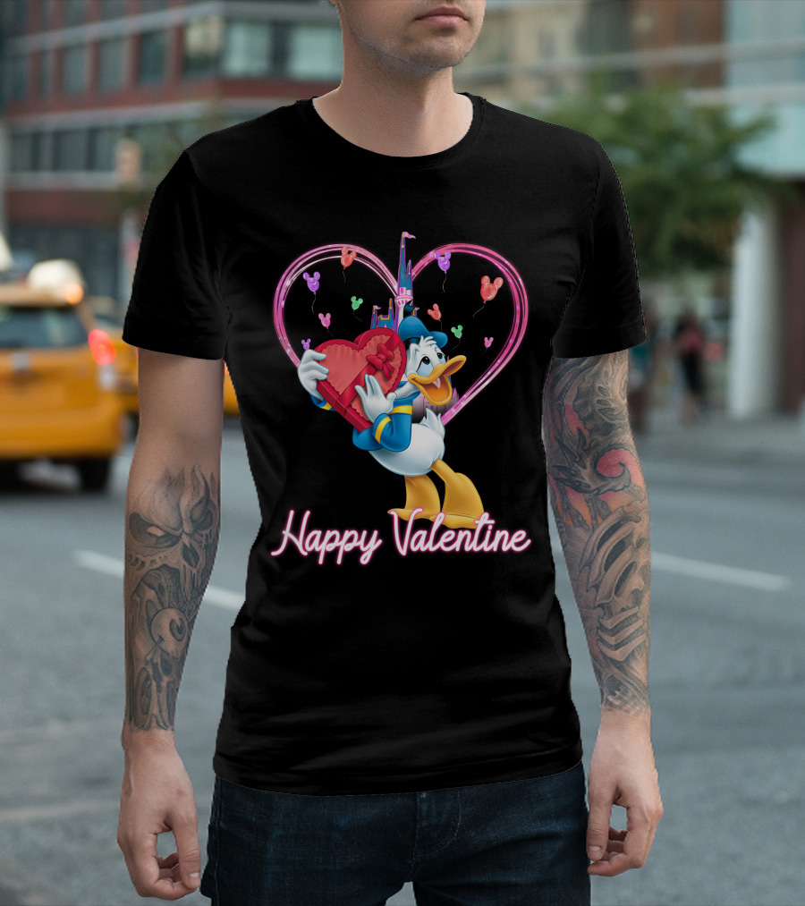 Donald Duck Happy Valentine Heart Balloons And Castle T-Shirt