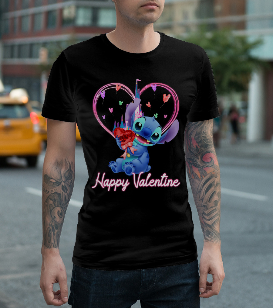 Happy Valentine Stitch Holding Heart With Castle And Balloons T-Shirt