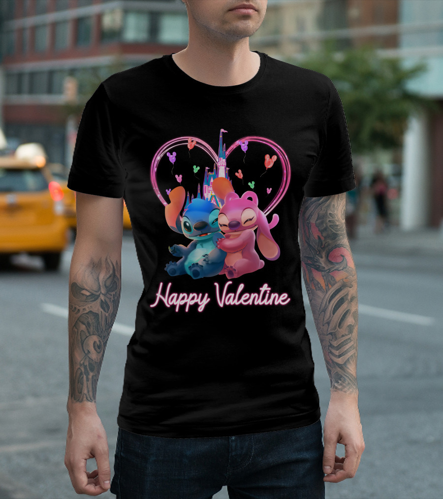 Happy Valentine Stitch Angel Castle Heart Balloons T-Shirt