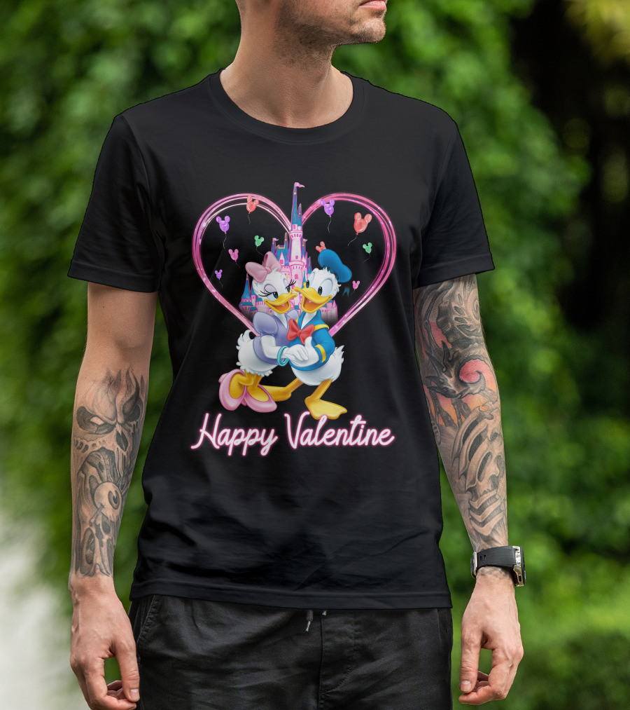 Happy Valentine Donald And Daisy In Front Of Heart Castle T-Shirt