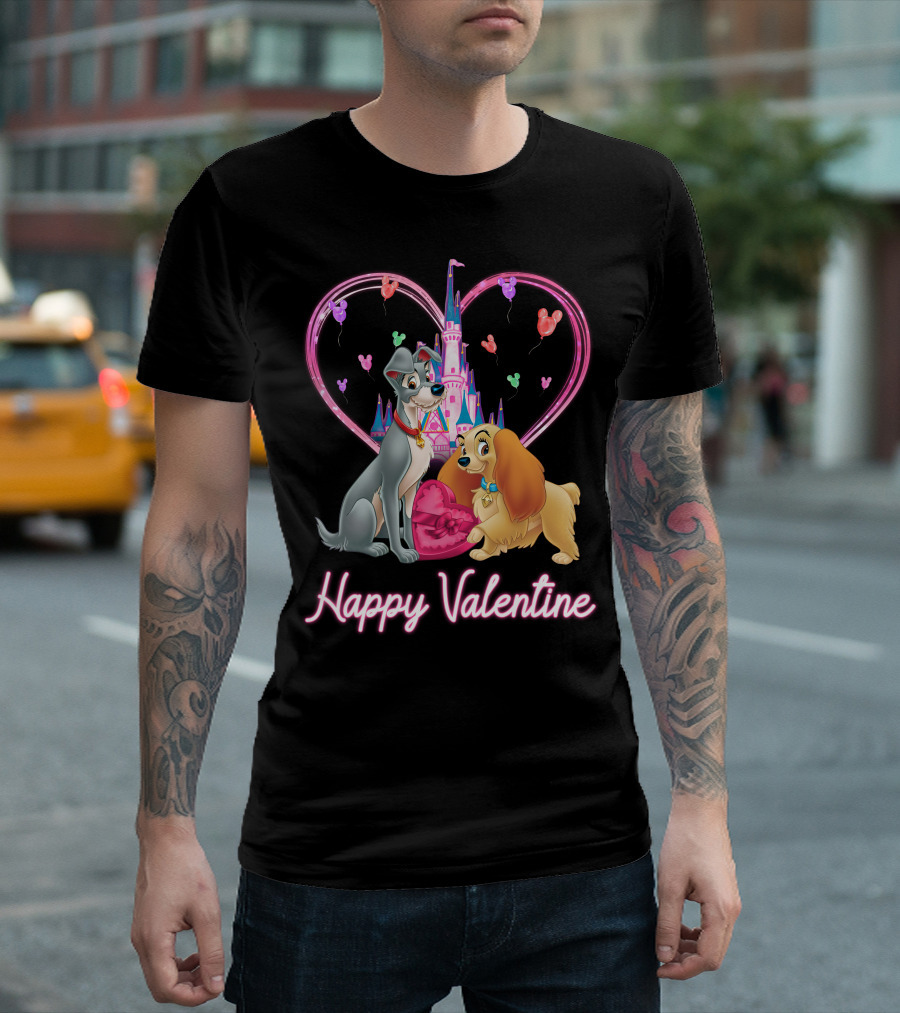Happy Valentine Lady & The Tramp Heart Castle Balloons T-Shirt