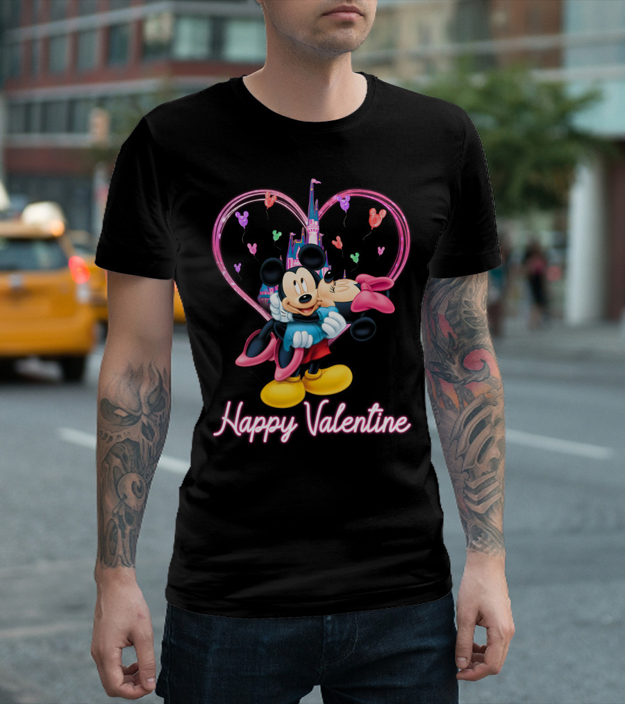 Mickey & Minnie Happy Valentine Heart And Castle Celebration T-Shirt