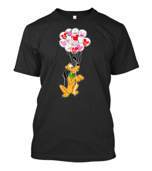 Pluto Holding Mickey And Minnie Balloons With Hearts And Xo Patterns T-Shirt