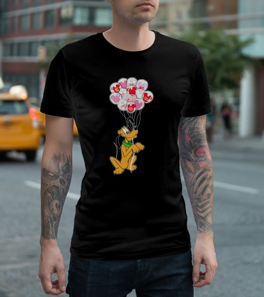Pluto Holding Mickey And Minnie Balloons With Hearts And Xo Patterns T-Shirt