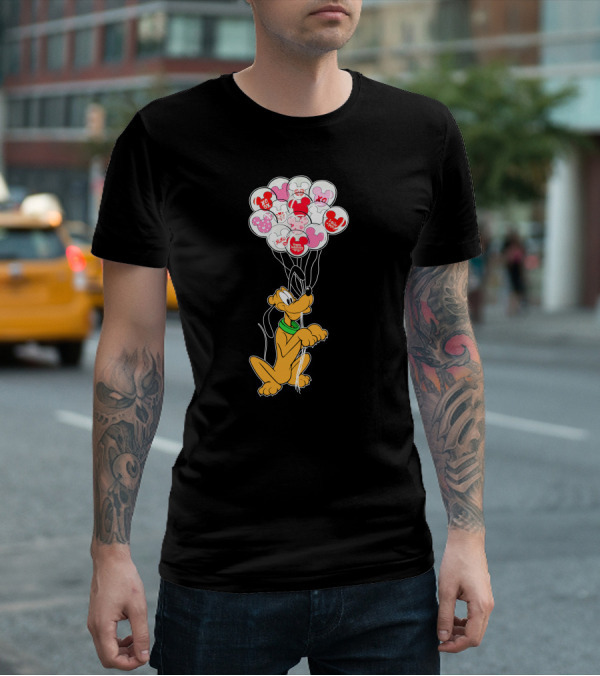 Pluto Holding Mickey And Minnie Balloons With Hearts And Xo Patterns T-Shirt