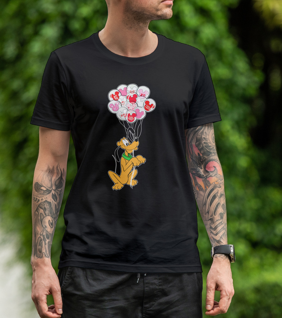 Pluto Holding Mickey And Minnie Balloons With Hearts And Xo Patterns T-Shirt