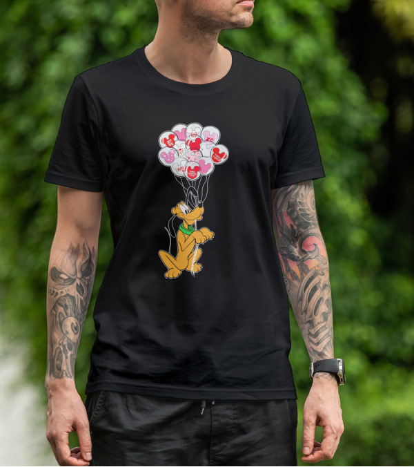 Pluto Holding Mickey And Minnie Balloons With Hearts And Xo Patterns T-Shirt
