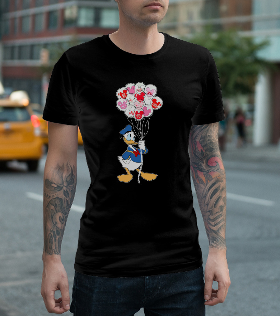 Donald Duck Holding Heart Balloons With Mickey Mouse And Minnie Icons T-Shirt