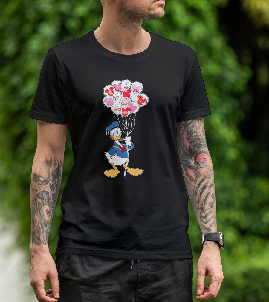 Donald Duck Holding Heart Balloons With Mickey Mouse And Minnie Icons T-Shirt