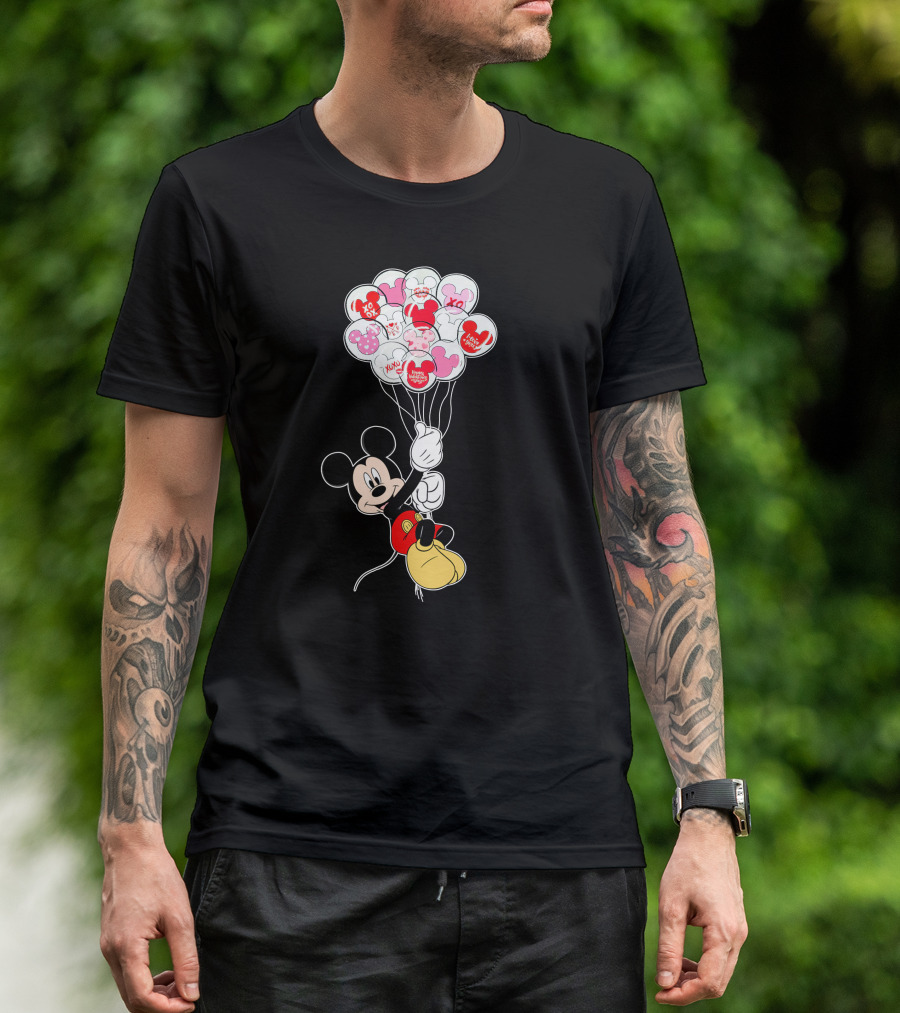 Mickey Mouse Holding Heart Balloons With Xo Love Messages T-Shirt
