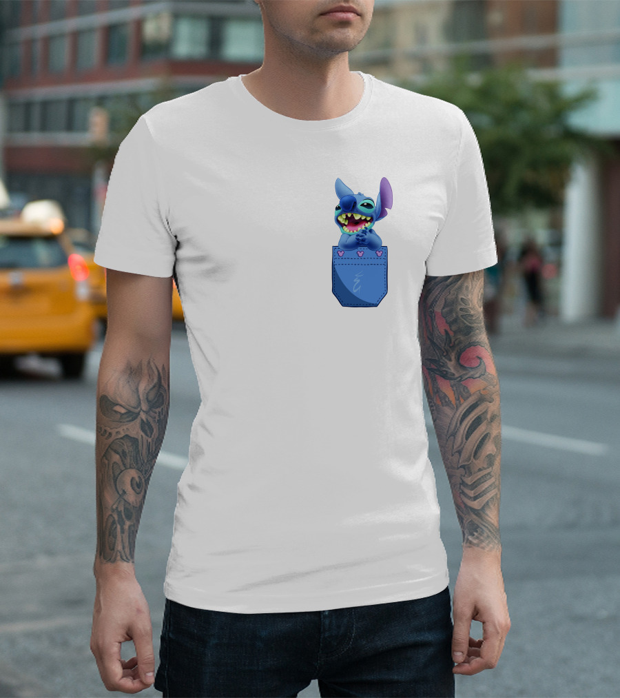 Stitch Pocket Smiling Face With Purple Ears T-Shirt