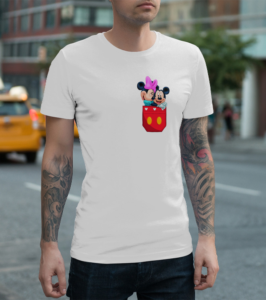 Mickey Mouse And Minnie Mouse In Red Pocket With Hearts And Bow T-Shirt