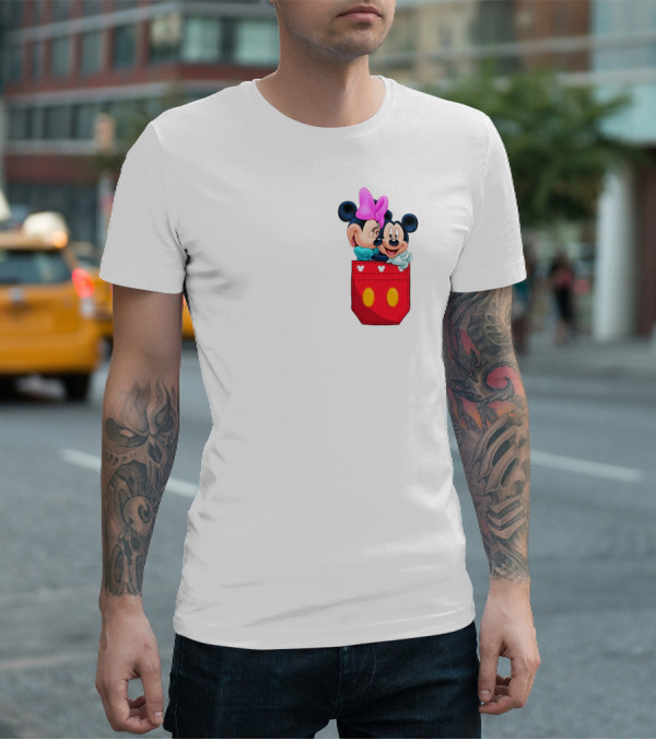 Mickey Mouse And Minnie Mouse In Red Pocket With Hearts And Bow T-Shirt
