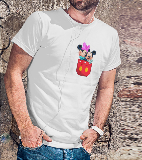 Mickey Mouse And Minnie Mouse In Red Pocket With Hearts And Bow T-Shirt
