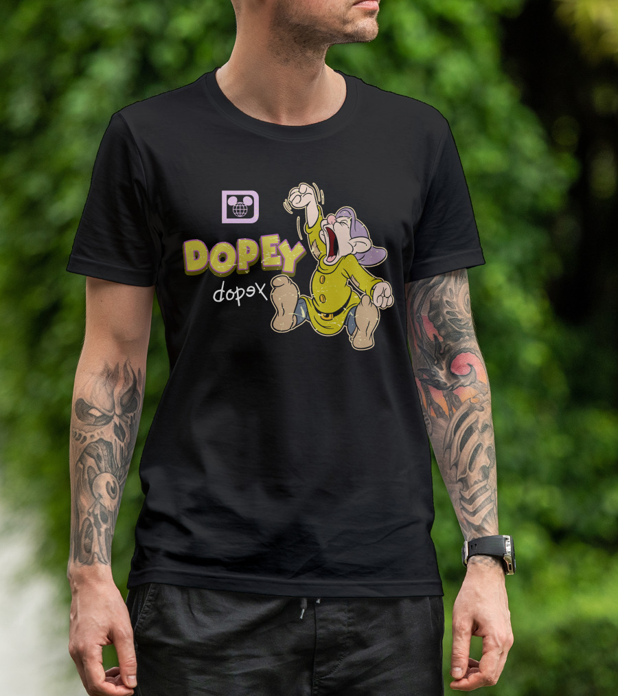 Dopey Yawning Character Illustration With Double Text And Ear T-Shirt