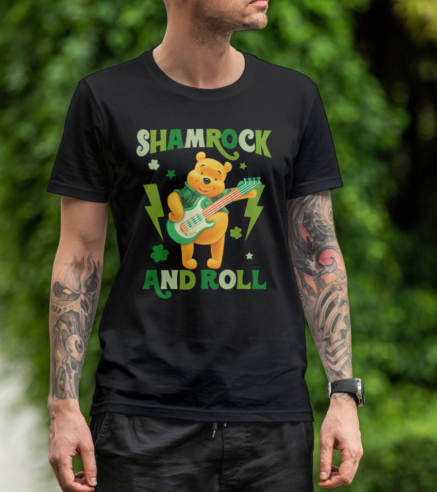 Shamrock And Roll Pooh Bear With Guitar And Green Lightning Bolts T-Shirt