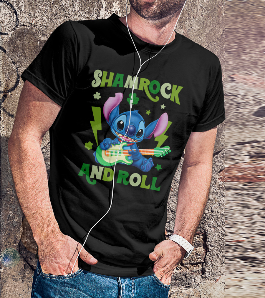 Shamrock And Roll Stitch Playing Guitar T-Shirt