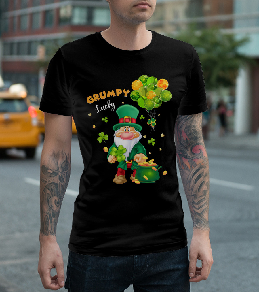 Grumpy Lucky Leprechaun With Shamrocks And Gold Coins T-Shirt