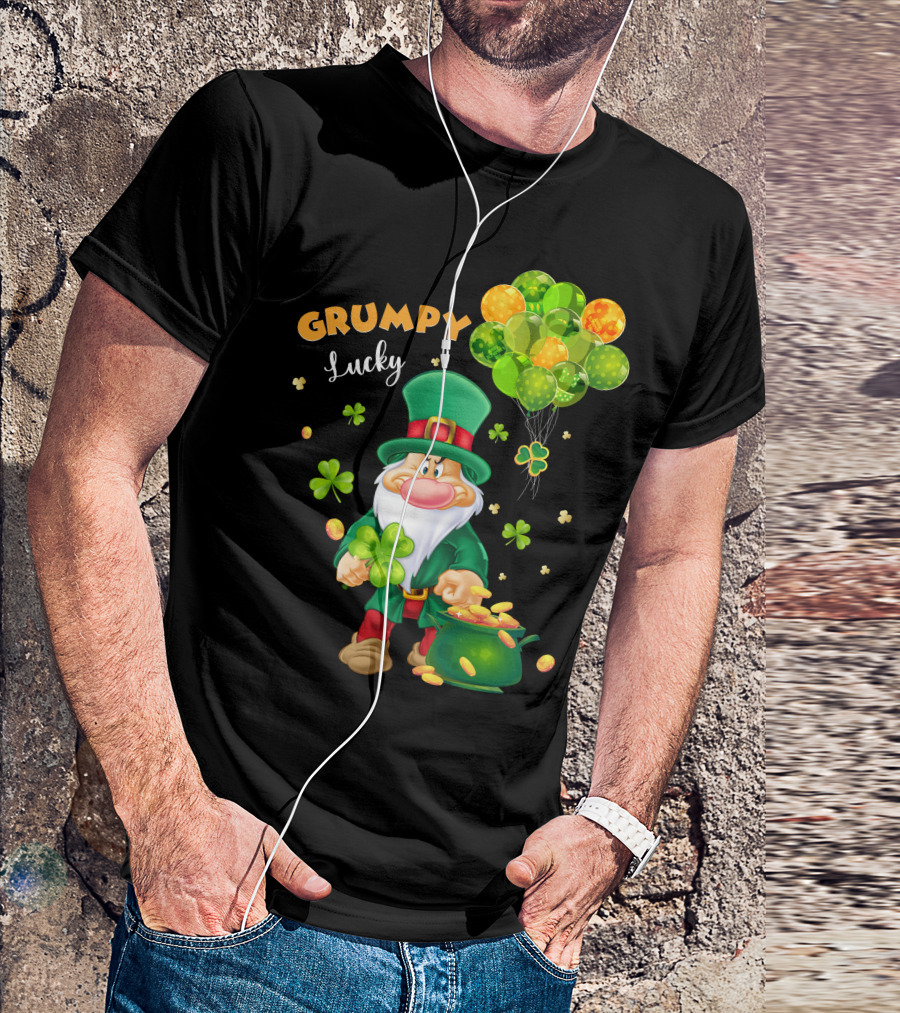 Grumpy Lucky Leprechaun With Shamrocks And Gold Coins T-Shirt