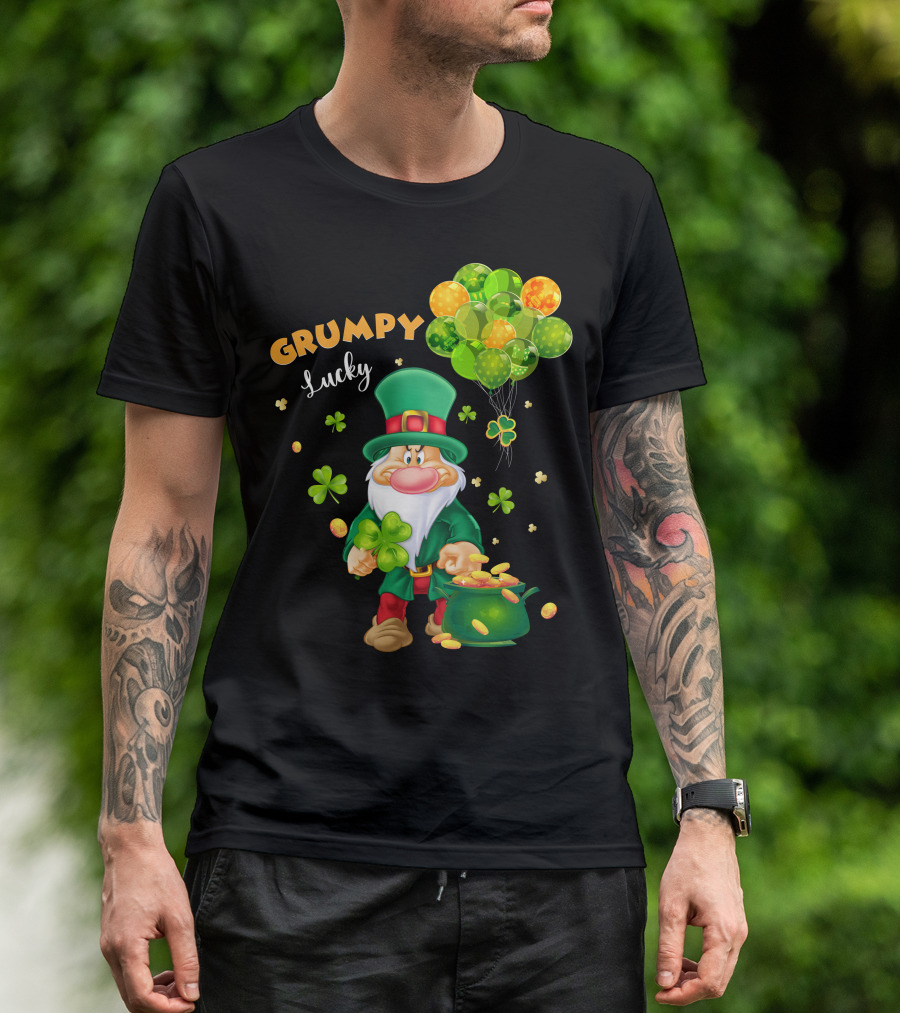 Grumpy Lucky Leprechaun With Shamrocks And Gold Coins T-Shirt