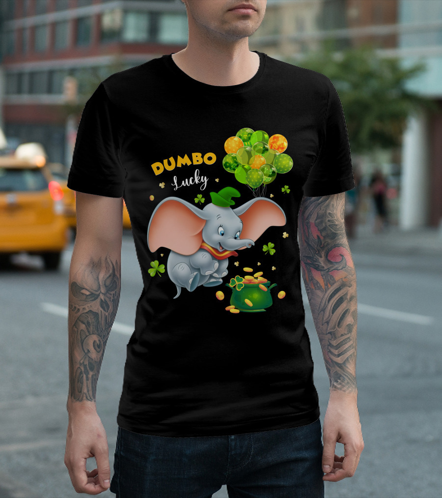 Dumbo Lucky Elephant With Green Hat And Balloons With Pot Of Gold T-Shirt