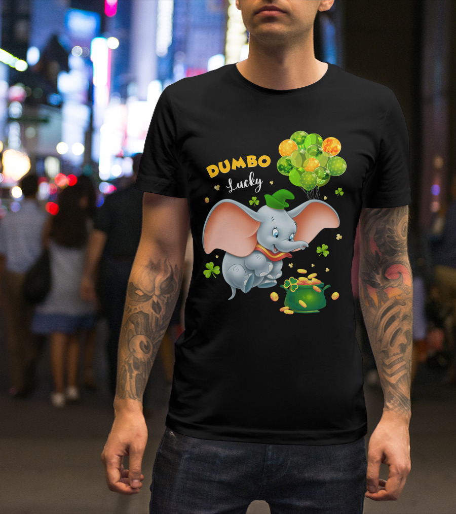 Dumbo Lucky Elephant With Green Hat And Balloons With Pot Of Gold T-Shirt