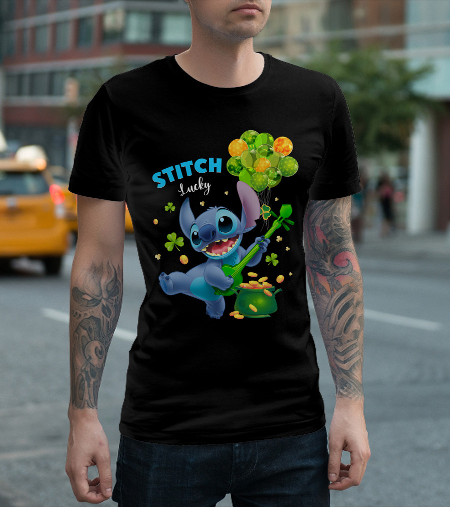 Stitch Lucky Balloons And Shamrock Celebration T-Shirt