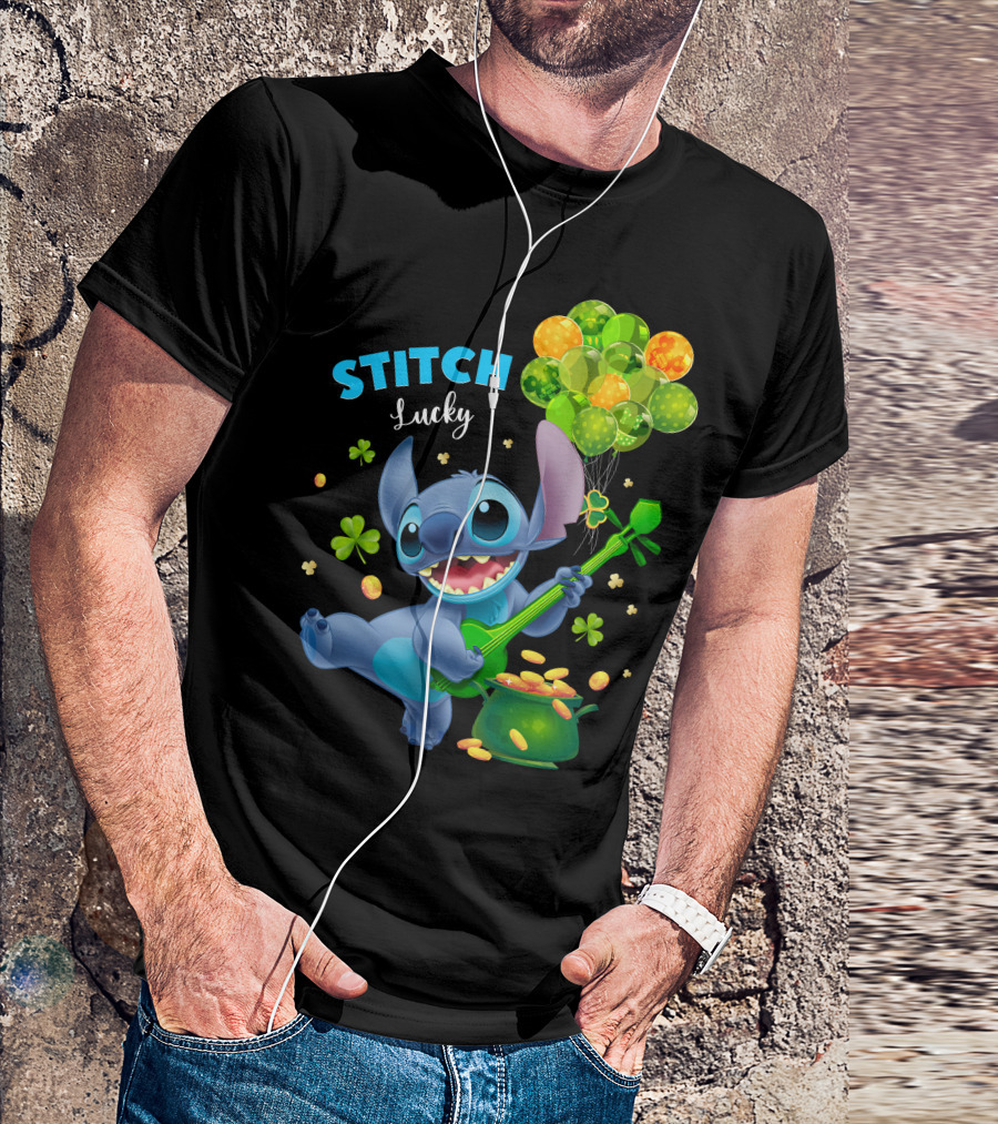 Stitch Lucky Balloons And Shamrock Celebration T-Shirt