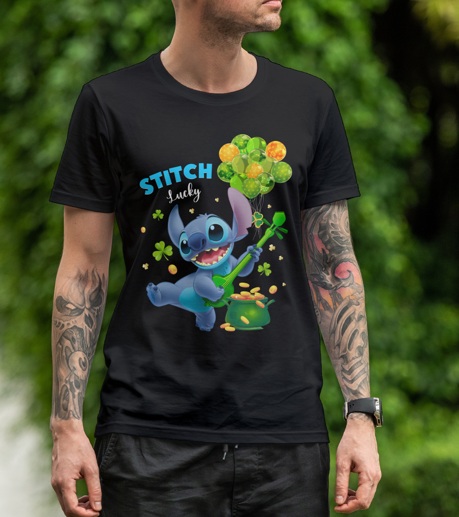 Stitch Lucky Balloons And Shamrock Celebration T-Shirt