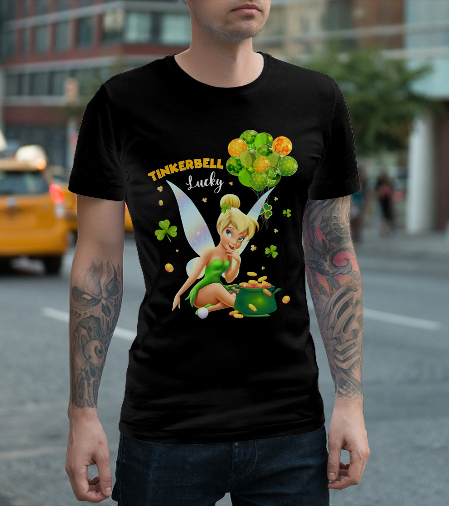 Tinkerbell Lucky Balloons And Clover With Pot Of Gold T-Shirt
