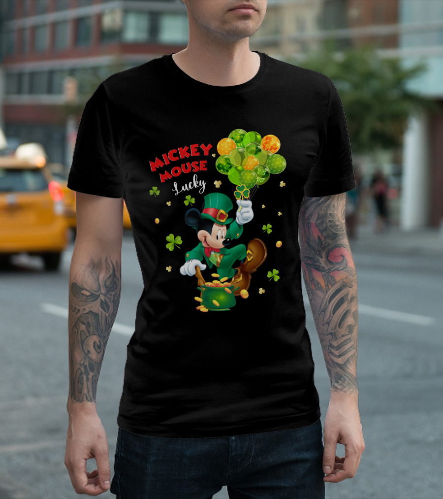 Mickey Mouse Lucky Shamrock Balloons Leprechaun Coins T-Shirt
