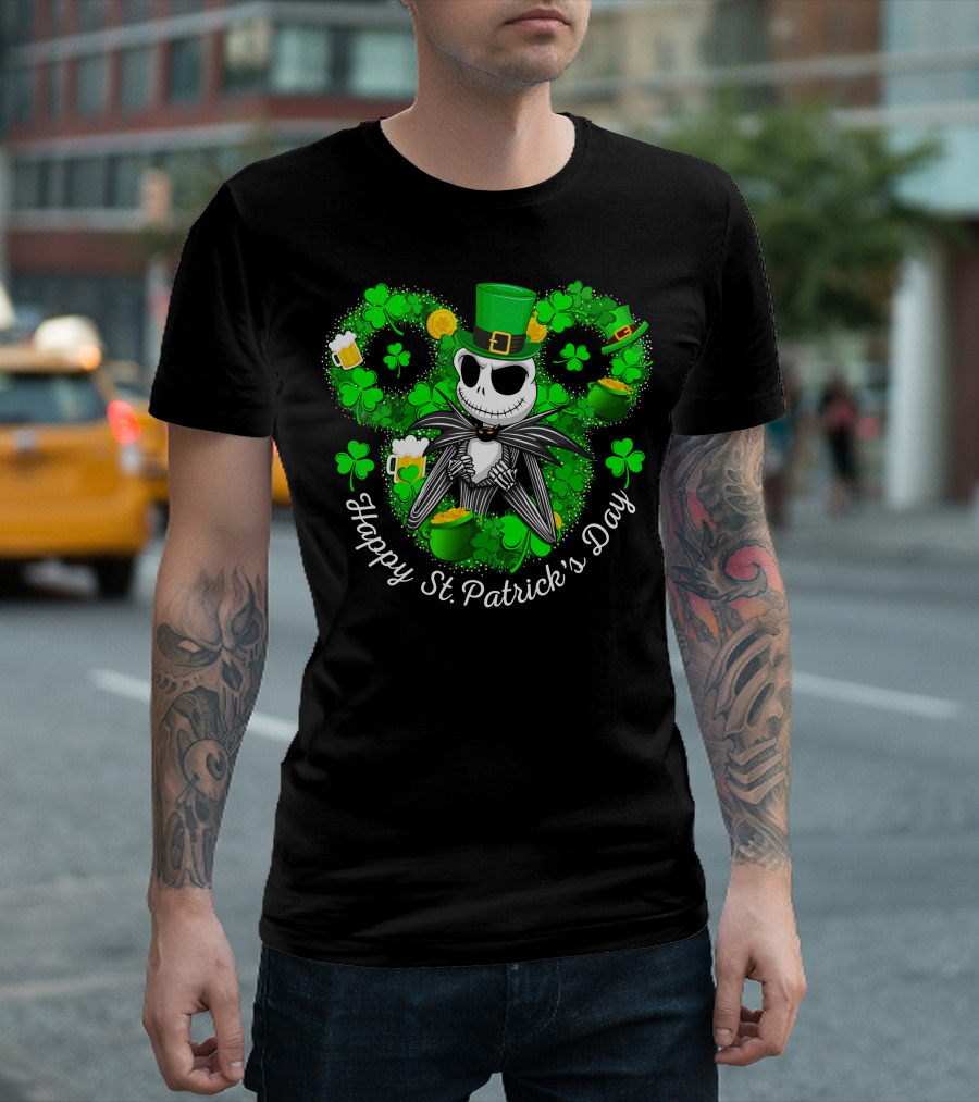 Jack Skellington Happy St. Patrick's Day Shamrocks And Leprechaun Hat T-Shirt
