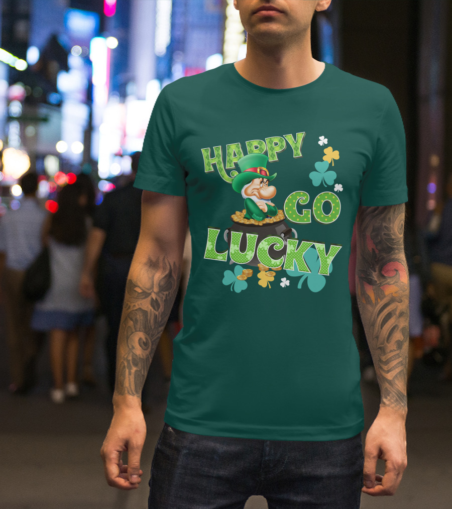 Happy Go Lucky Grumpy Dwarf Leprechaun Pot Of Gold Shamrocks T-Shirt