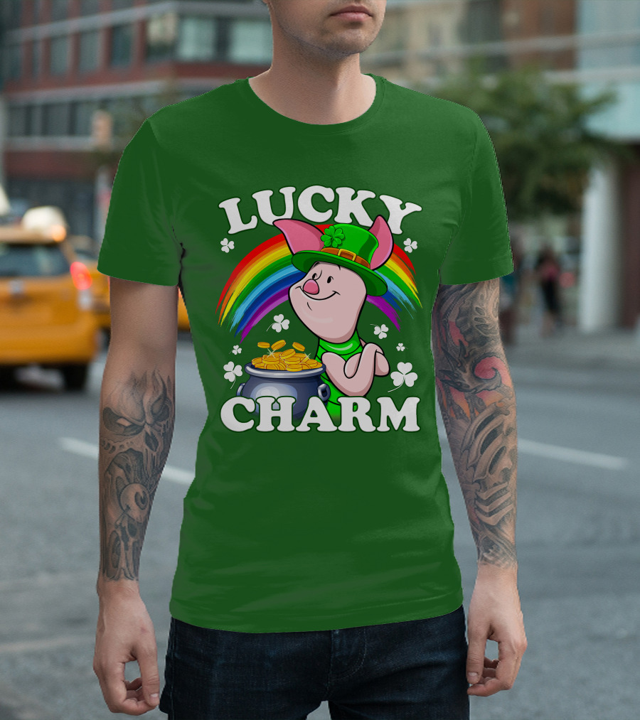 Lucky Charm With Piglet In Leprechaun Hat And Rainbow T-Shirt