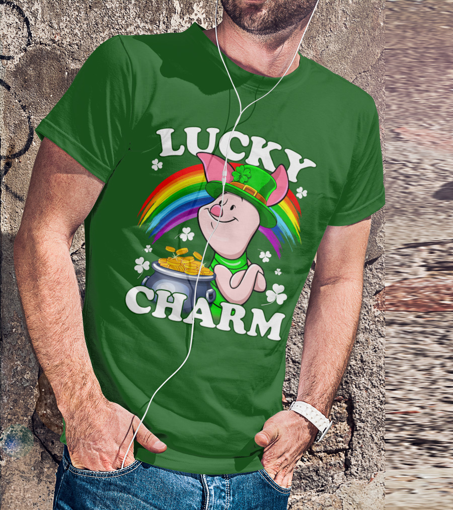 Lucky Charm With Piglet In Leprechaun Hat And Rainbow T-Shirt