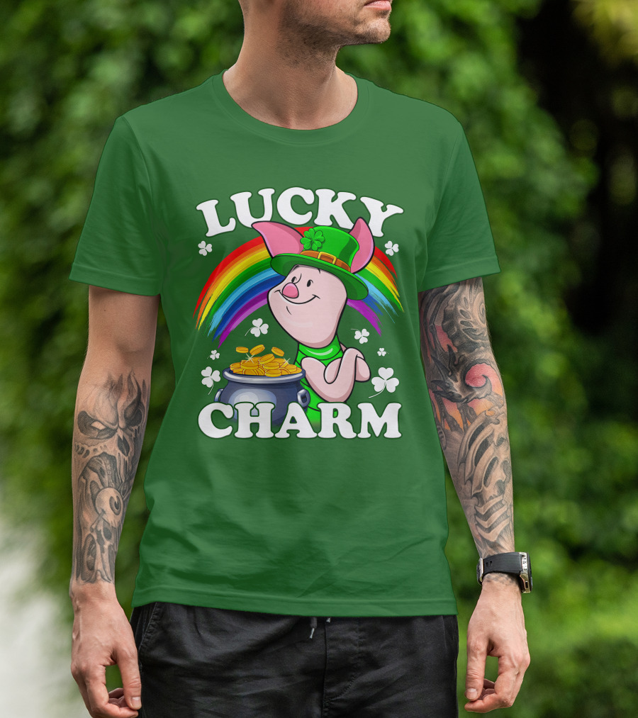 Lucky Charm With Piglet In Leprechaun Hat And Rainbow T-Shirt